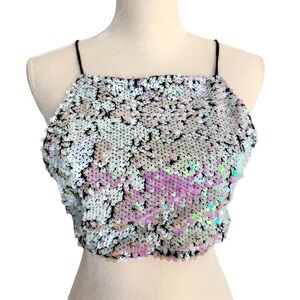 Motel Rocks Womens Iridescent Pearl Fishscale Sequin Crop Top S Festival Edgy